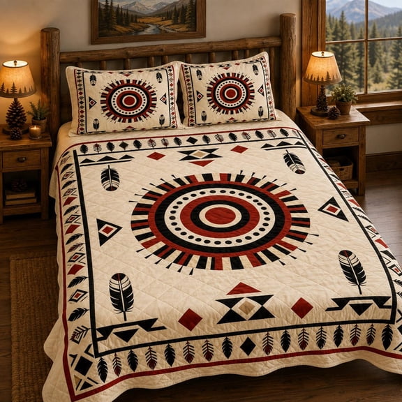 Southwestern Quilted Bedding Set, Geometric Feather Quilt, Rustic Western Bedspread, Boho Cabin Decor, Red Black Cream Bedding
