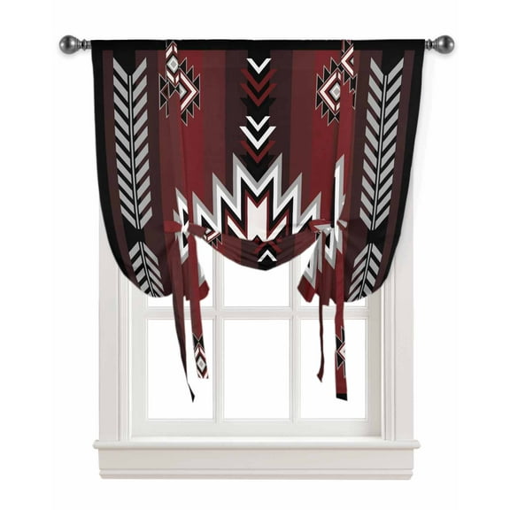 Southwestern Red Black Tie Up Curtains for Kitchen Bathroom Bedroom Windows 45 Inch Length, Boho Ethnic Geometric Balloon Drape Curtains Shade Rod Pocket Drapery Curtain Panel, 34"x45"