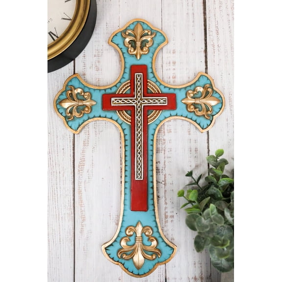 Southwestern Rich Turquoise Gold Tuscan French Fleur De Lis Wall Crucifix Cross