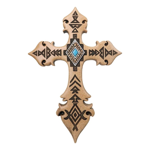 Southwestern Rustic Aztec Vectors Turquoise Diamond Cream Wall Cross Figurine