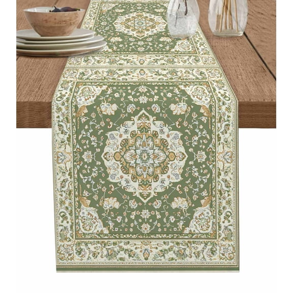Southwestern Sage Green Burlap Cotton Table Runner 13x72 Inches Long, Tribal Antique Boho-Chic Heritage Farmhouse Table Runners, Outdoor Dining Tablecloths Decor for Baby Shower/Party/Wedding