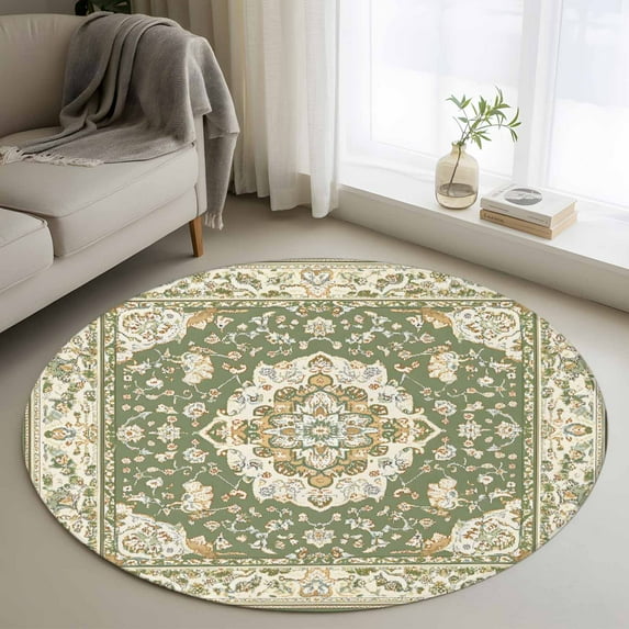 Southwestern Sage Green Round Rug 3.3ft Washable Circle Entryway Rugs Non Slip Tribal Antique Boho-Chic Heritage Area Rug Indoor Floor Carpet for Bedroom Kitchen Living Room Home Office Dining Room