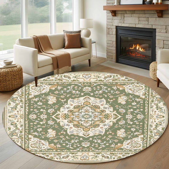 Southwestern Sage Green Round Rug 5ft Washable Circle Kitchen Rugs Non Slip Tribal Antique Boho-Chic Heritage Large Area Rug Indoor Floor Carpet for Bedroom Living Room Home Office Dining Room