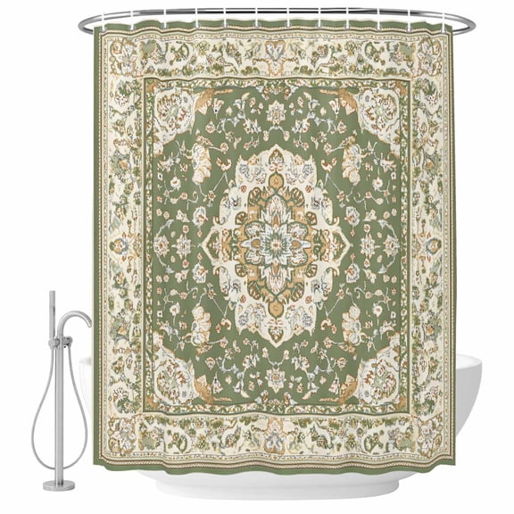 Southwestern Sage Green Shower Curtain Set - Small 36" x 72" Washable Bathtub Curtain with 12 Hooks, Tribal Antique Boho-Chic Heritage Waterproof Fabric Stall Shower Curtains for Bathroom Décor