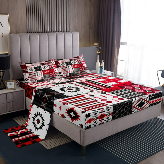 Southwestern Sheet Set Twin Exotic American Tribal Western Bed Sheets Patchwork Boho Aztec Bedding Set Adults Hippie Geometric Fitted Sheet Western Flat Sheet 1 Pillow Case Red Black White