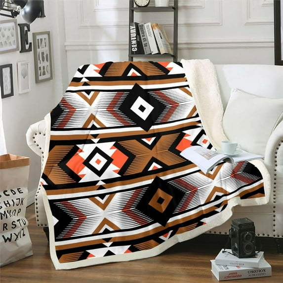 Southwestern Sherpa Blanket for Couch Throw 50"X60" Retro Ethnic Geometric Throw Blanket Boho Aztec Fleece Bed Blanket for Kids Adults Western Tribal Lightweight Fuzzy Blanket Red Brown