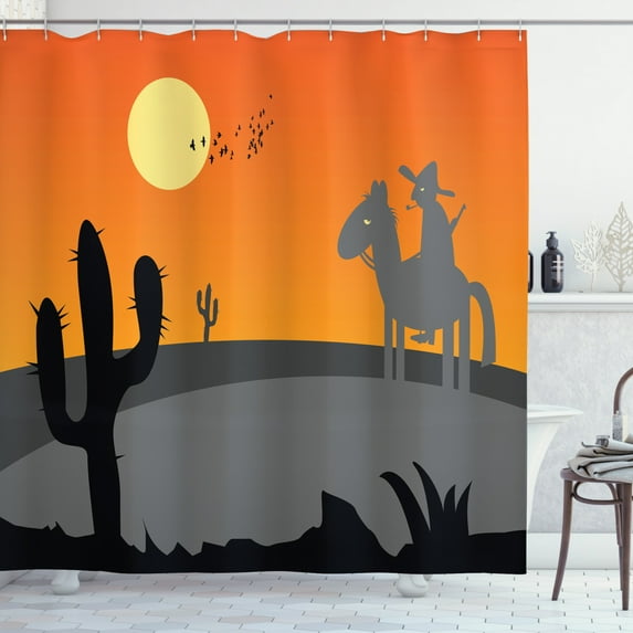 Southwestern Shower Curtain, Cartoon Style Hot Mexico Desert Landscape with Saguaro Cactus and Horse Rider, Fabric Bathroom Set with Hooks, 69W X 84L Inches Extra Long, Multicolor, by Ambesonne