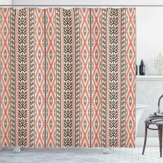 Southwestern Shower Curtain, Traditional Vertical Borders Inspired by Primitive Art Ikat Style Ancient, Fabric Bathroom Set with Hooks, 69W X 75L Inches Long, Multicolor, by Ambesonne