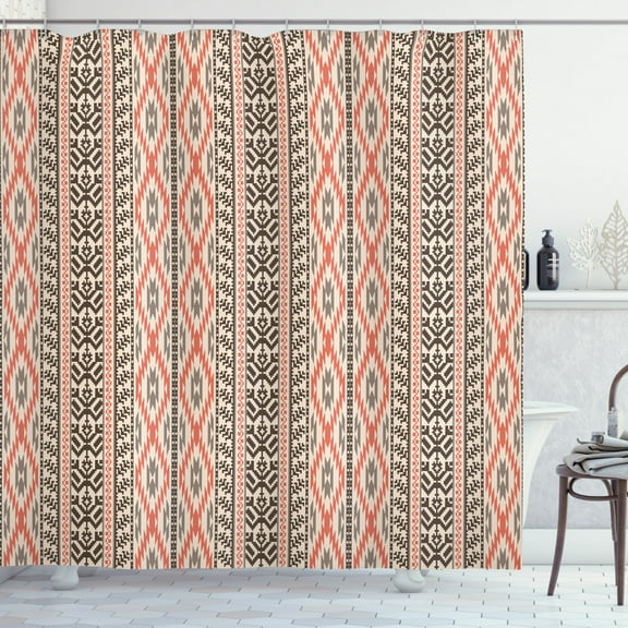 Southwestern Shower Curtain, Traditional Vertical Borders Inspired by Primitive Art Ikat Style Ancient, Fabric Bathroom Set with Hooks, 69W X 84L Inches Extra Long, Multicolor, by Ambesonne