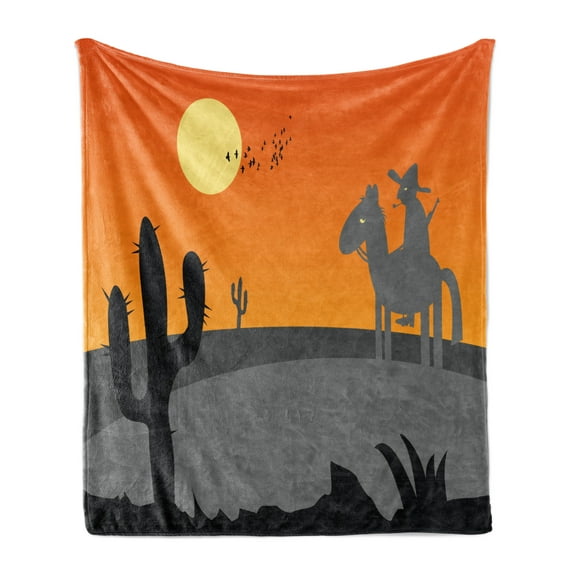 Southwestern Soft Flannel Fleece Blanket, Cartoon Style Hot Mexico Desert Landscape with Saguaro Cactus and Horse Rider, Cozy Plush for Indoor and Outdoor Use, 50" x 70", Multicolor, by Ambesonne