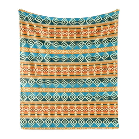Southwestern Soft Flannel Fleece Blanket, Striped Backdrop with Geometric Tribal Motifs Native Mexican Cultural Heritage, Cozy Plush for Indoor and Outdoor Use, 50" x 70", Multicolor, by Ambesonne