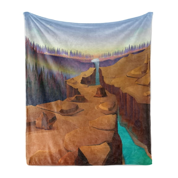 Southwestern Soft Flannel Fleece Throw Blanket, Cartoon Canyon Landscape with Distant Forest Tree Silhouettes National Park, Cozy Plush for Indoor and Outdoor Use, 60" x 80", Multicolor, by Ambesonne