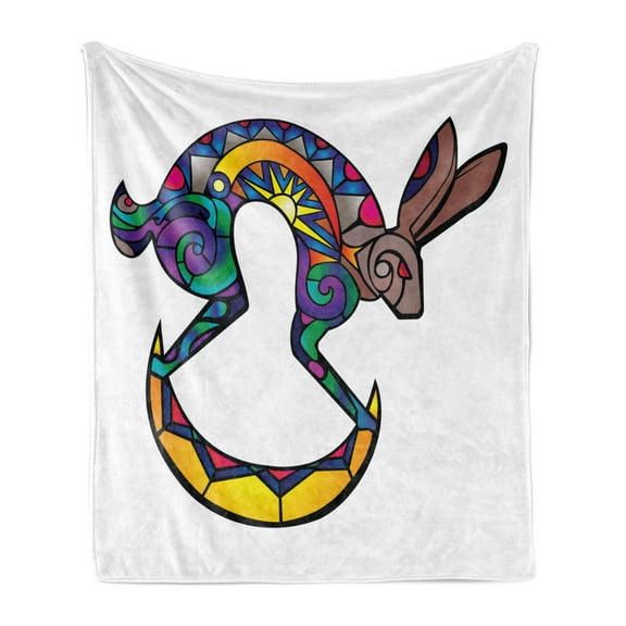 Southwestern Soft Flannel Fleece Throw Blanket, Kokopelli Hare Abstract Colorful Silhouette Prehistoric, Cozy Plush for Indoor and Outdoor Use, 60" x 80", Multicolor, by Ambesonne