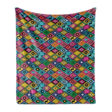 Southwestern Soft Flannel Fleece Throw Blanket, Patchwork Style Pattern in Hand Drawn Style and Patterns Boho Hippie, Cozy Plush for Indoor and Outdoor Use, 60" x 80", Multicolor, by Ambesonne