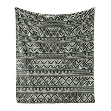 Southwestern Soft Flannel Fleece Throw Blanket, Pattern Antique Culture Geometric Motifs, Cozy Plush for Indoor and Outdoor Use, 50" x 70", Black and Eggshell, by Ambesonne