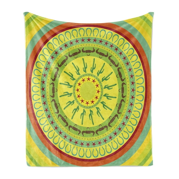 Southwestern Soft Flannel Fleece Throw Blanket, Wild West Cowboy Themed Mandala Design Colorful Circles Bull Horns Saguaro, Cozy Plush for Indoor and Outdoor Use, 50" x 70", Multicolor, by Ambesonne