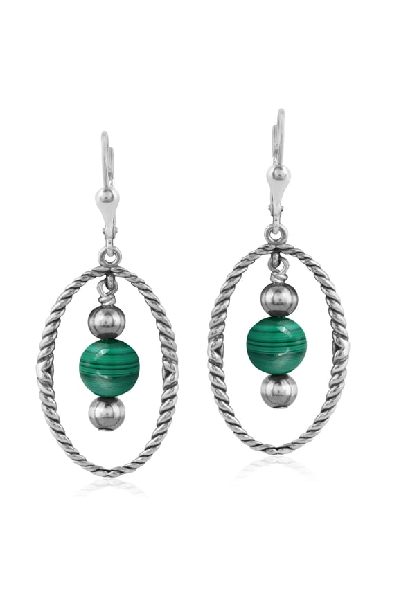 Southwestern Sterling Silver Rope and Malachite Bead Drop Earrings