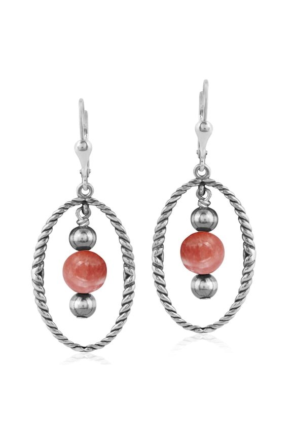 Southwestern Sterling Silver Rope and Rhodochrosite Bead Drop Earrings