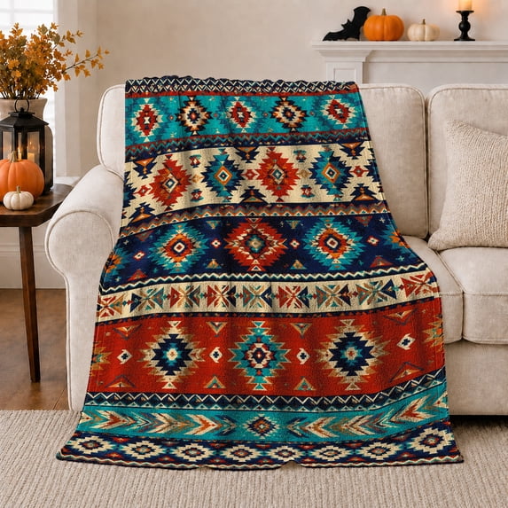 Southwestern Stripes in Navy Rust and Teal, Rustic Geometric Pattern for Southwestern Style Fans, Housewarming Gift, Soft Flannel Blanket for Ranch House and Living Room, Rustic Home Decor