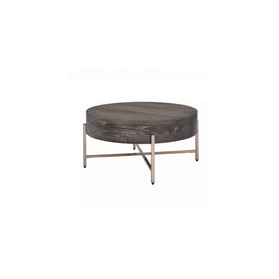 Southwestern Style 32 Inch Round Coffee Table Brown Wood Top with One Drawer and Crossed Gold Metal Legs with Protective Rubber Caps