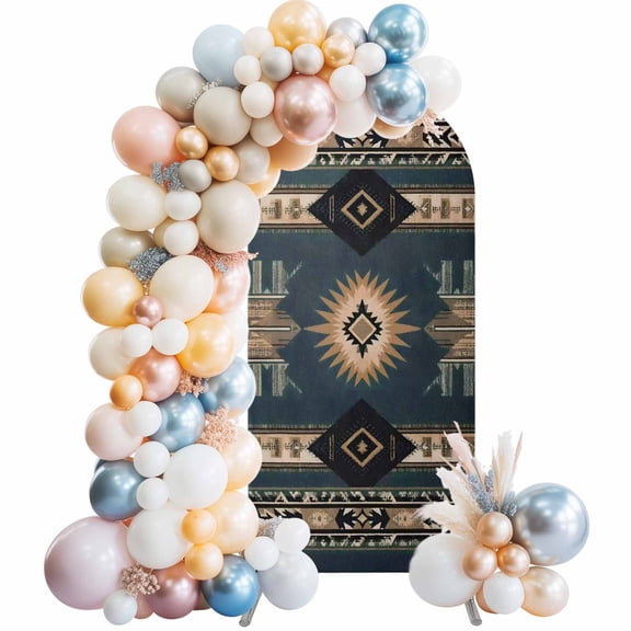 Southwestern Style Arch Backdrop Cover 5 FT Tan Blue Stripes Arrowhead Geometric Stretchy Elastic Arch Stand Covers Spandex Arched Background Birthday Wedding Party Decoration (No Stand)