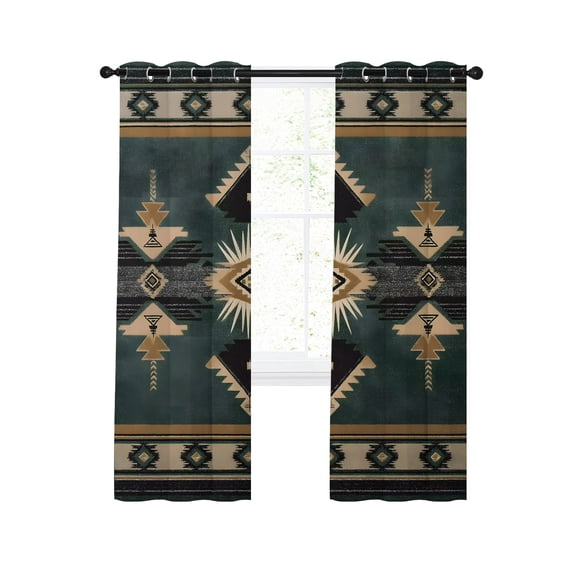 Southwestern Style Blackout Curtains for Bedroom Living Room, Dark Green Beige Stripes Geometric 39 In Long Thermal Insulated Room Darkening Drapes Grommet Window Treatments, 27.5 x 39 In