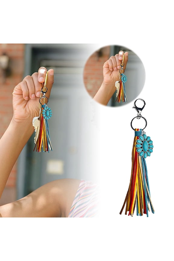 Key Chain Accessory Charm Turquoise Retro Ethnic Style Key Fob with Color Fringe Design