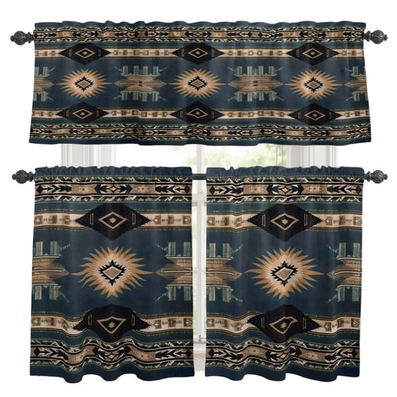 Southwestern Style Kitchen Curtains Set for Windows, Tan Blue Stripes Arrowhead Geometric Curtains Valance and Tier 3 Piece Set Small Drapes 36 Inch Length for Kitchen Bedroom Decor