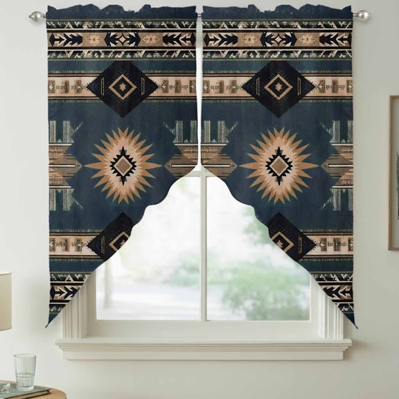 Southwestern Style Swag Kitchen Curtain Valances, Tan Blue Stripes Arrowhead Geometric Rod Pocket Curtains Window Treatment Decor Valances for Bedroom Bathroom, 2 Panels 28 x 36 Inch