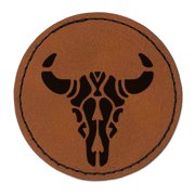 Southwestern Style Tribal Bull Cow Skull 2.5" Faux Leather Round Engraved Iron-On Patch - Brown