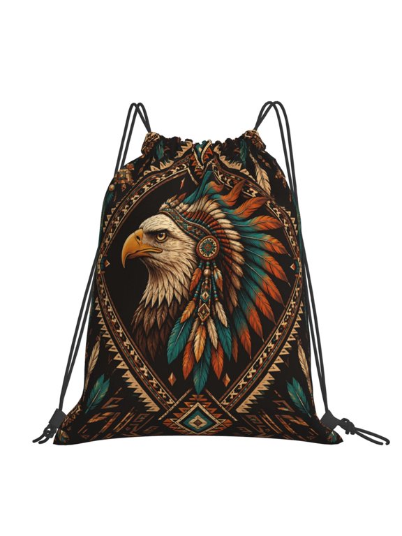 Southwestern Style Tribal Eagle Large Drawstring Backpack Casual Cinch Sack Bag Backpack for Sports Hiking Travel Gym