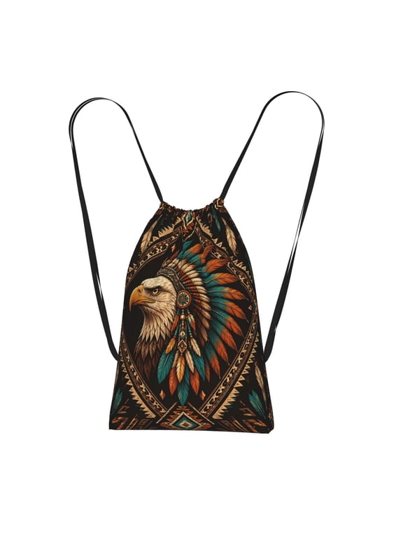 Southwestern Style Tribal Eagle Packable Drawstring Backpack, Lightweight Foldable Cinch Storage Bag for Gym Travel Shopping