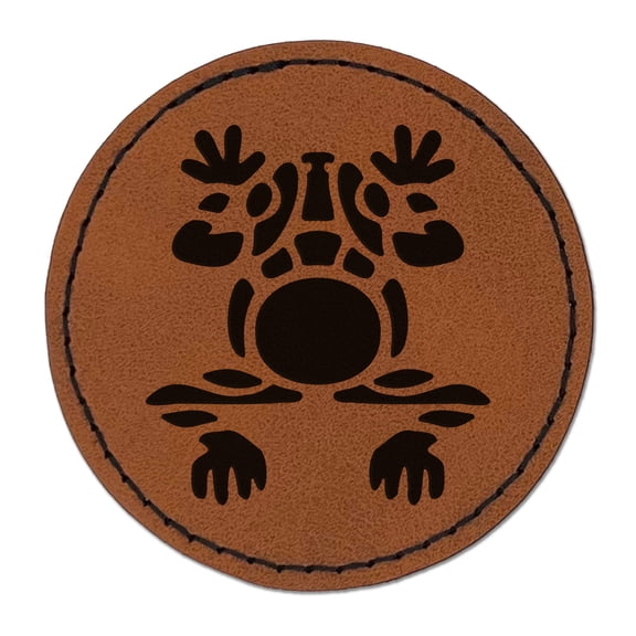 Southwestern Style Tribal Frog Toad 2.5" Faux Leather Round Engraved Iron-On Patch - Brown