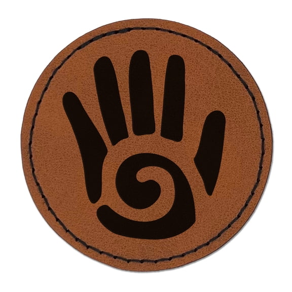 Southwestern Style Tribal Hand with Swirl 2.5" Faux Leather Round Engraved Iron-On Patch - Brown