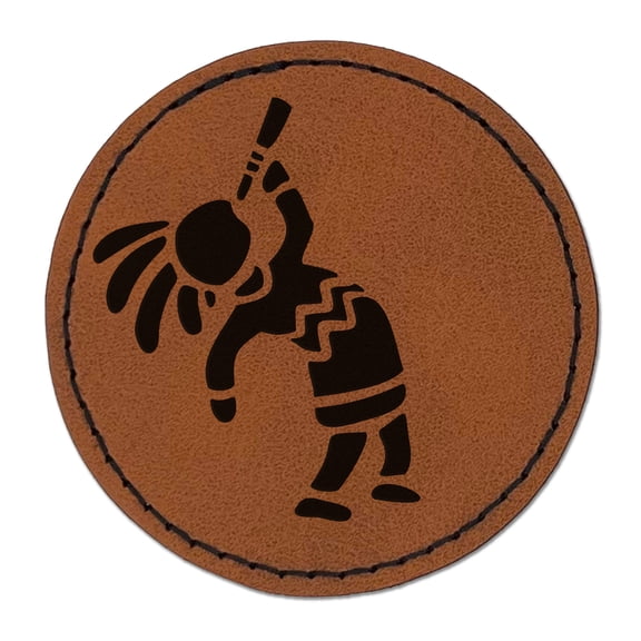 Southwestern Style Tribal Kokopelli Fertility Deity God 2.5" Faux Leather Round Engraved Iron-On Patch - Brown