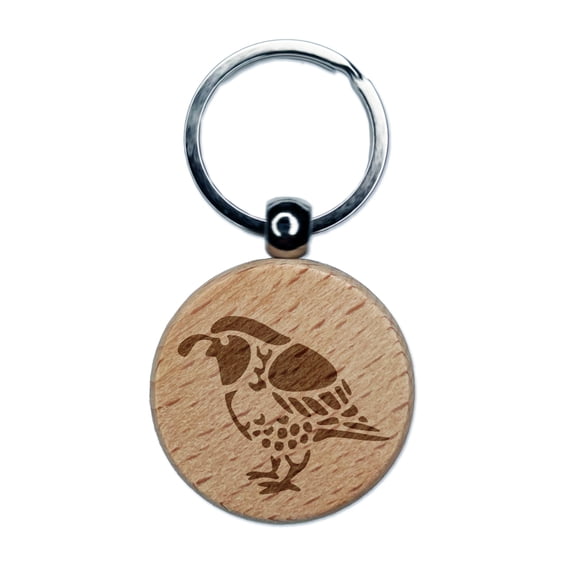 Southwestern Style Tribal Quail Bird Round Keychain Charm Tag - Engraved Wood