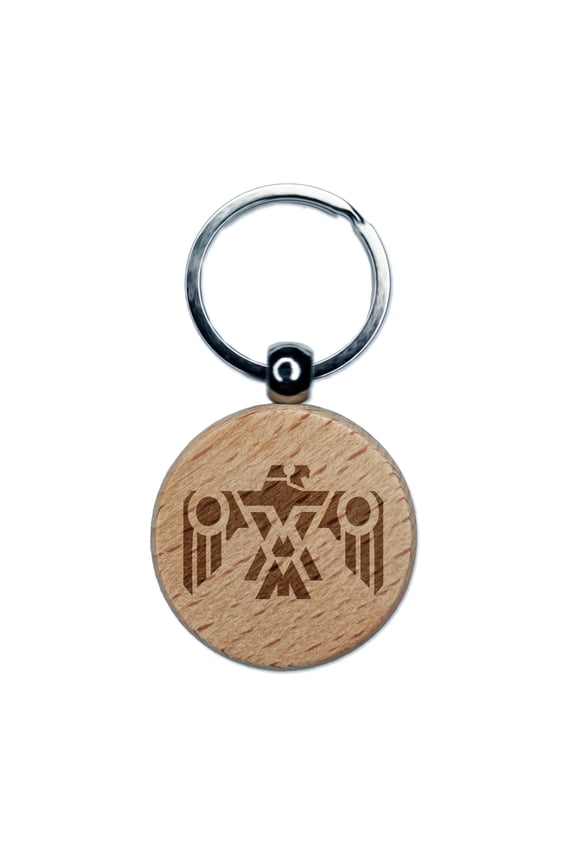 Southwestern Style Tribal Thunderbird Eagle Hawk Round Keychain Charm Tag - Engraved Wood