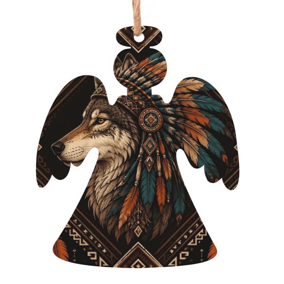 Southwestern Style Tribal Wolf Decor Wooden Christmas Ornament Angel Shape,Xmas Tree Hanging Decoration 6 PCS