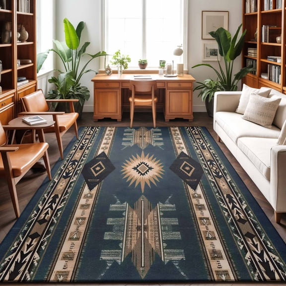 Southwestern Style Washable Area Rug 9 x 12 ft Tan Blue Stripes Arrowhead Geometric, Soft Non Slip Rugs Stain Repellent Indoor Felt Carpet for Living Dining Room Bedroom Home Office
