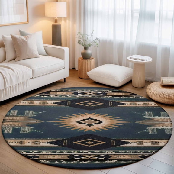 Southwestern Style Washable Round Area Rug 3 ft, Tan Blue Stripes Arrowhead Geometric, Soft Non Slip Rugs Stain Repellent Indoor Felt Carpet for Living Dining Room Bedroom Home Office