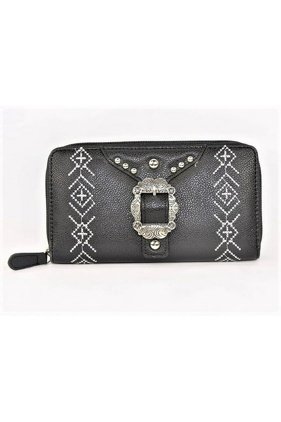 Southwestern Style Women's Buckle Zip Around Wallet in Black
