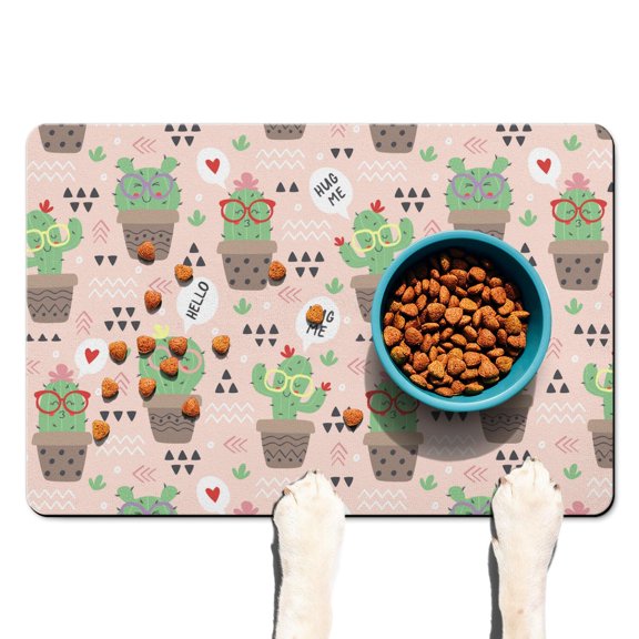 Southwestern Succulent Dog Food Spill Mat - Waterproof Absorbent Pet Mat - Non-Slip Cactus Design - Eco-Friendly & Durable