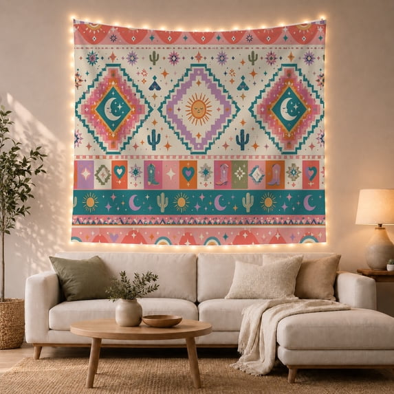Southwestern Sun Moon Diamonds with Cacti, Playful Boho Style for Southwestern Decor Lovers, Desert Wall Art, Housewarming Gift, Tapestry Wall Hanging for Bedroom and Dorm