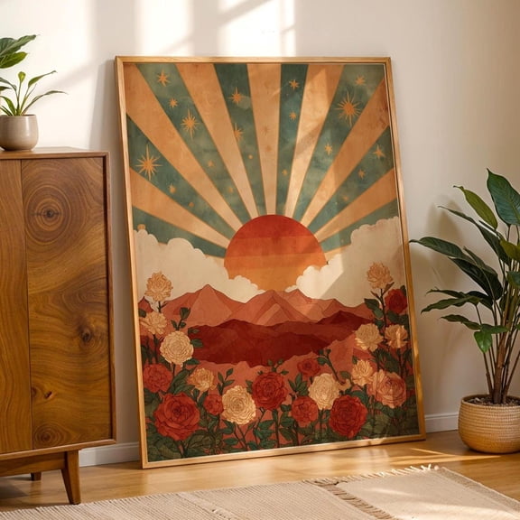Southwestern Sunrise Retro Desert Wall Art Roses & Mountains Boho Celestial Landscape Folk Art Decor Unframed Paper Print