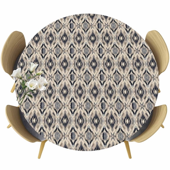 Southwestern Table Cloth, Round Fitted Tablecloths with Elastic Edge, Abstract Tribal Native Geometric Grey Wipeable Waterproof Table Cover for Kitchen Wedding 36-44 Inches