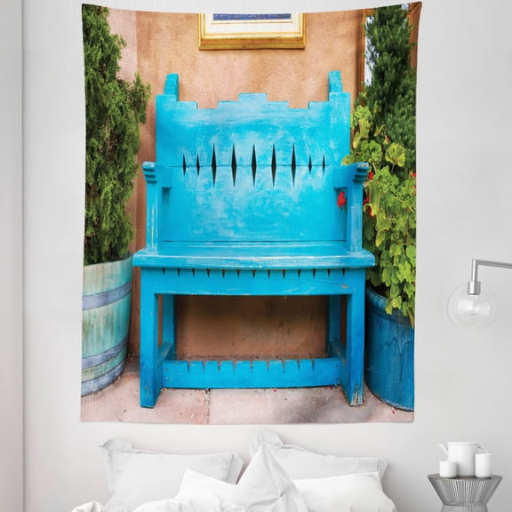 Southwestern Tapestry, New Mexico Santa Fe Outdoorsy Wooden Painted Seat Bench Garden Photo, Fabric Wall Hanging Decor for Bedroom Living Room Dorm, 5 Sizes, Sky Blue Pale Rust, by Ambesonne