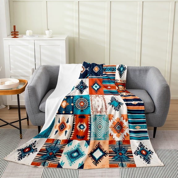 Southwestern Throw Blanket Throw Size Western Boho Flannel Fleece Blanket Aztec Hippie Sherpa Blanket Western Bedroom Exotic Bohemian Fuzzy Blanket for Home Bed Couch Teal Orange