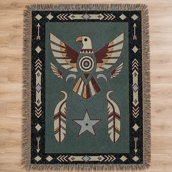 Southwestern Thunderbird Woven Cotton Throw Blanket | Boho Geometric Fringe Blanket, 3 Sizes