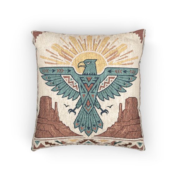 Southwestern Thunderbird and Desert Mesa Teal, Rust and Gold Woven Pillow, Cotton-Polyester Shell