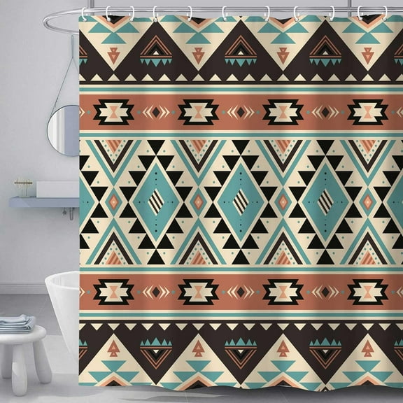 Southwestern Tribal Aztec Shower Curtain for Bathroom, American Native Ethnic Geometric Western Boho Shower Curtain Sets, Waterproof Fabric Bathroom Accessories Sets with Hooks
